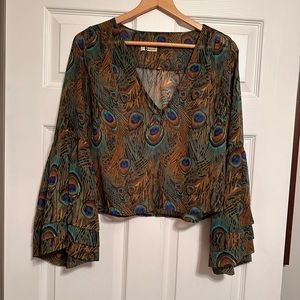 Peacock Print Cropped Bell Sleeve Women's Blouse Size S/M